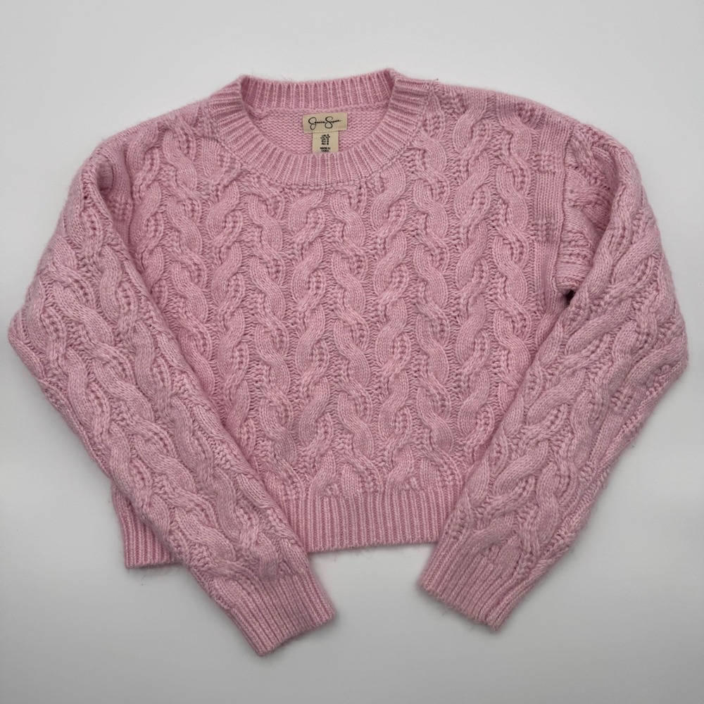Jessica Simpson Pink Cable Knit Cropped Sweater Womens Small Crew Neck Y2K